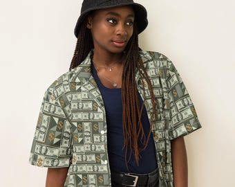 Money Benjamins Unisex Button Down Shirt, All Over Print Casual Aesthetic Shirt, Cash Currency Hippie Collared Shirt, Hundred Dollar Bills