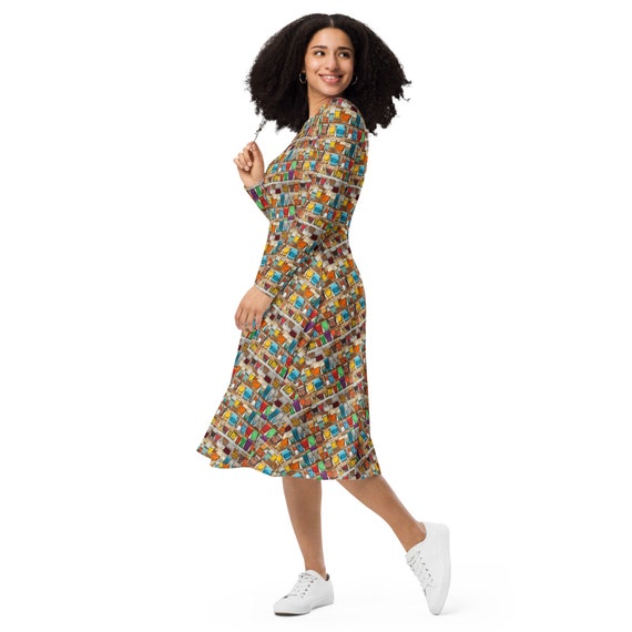 Cocktails Printed Midi Dress, Casual Comfy Modest Dress, Full Sleeves,  Evening Party Prom Dress, Summer Dress With Pockets, Bartender Gifts