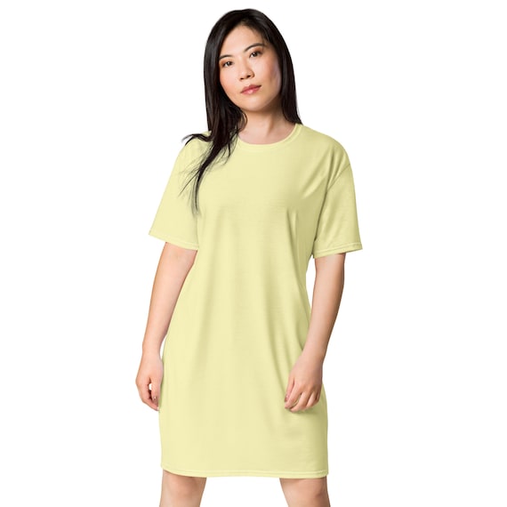 Solid Pastel Yellow T-shirt Dress for Women, Cute Aesthetic Fashion Shirt Dress, All over Print, Loungewear, Aloha Hawaiian Beach Dress