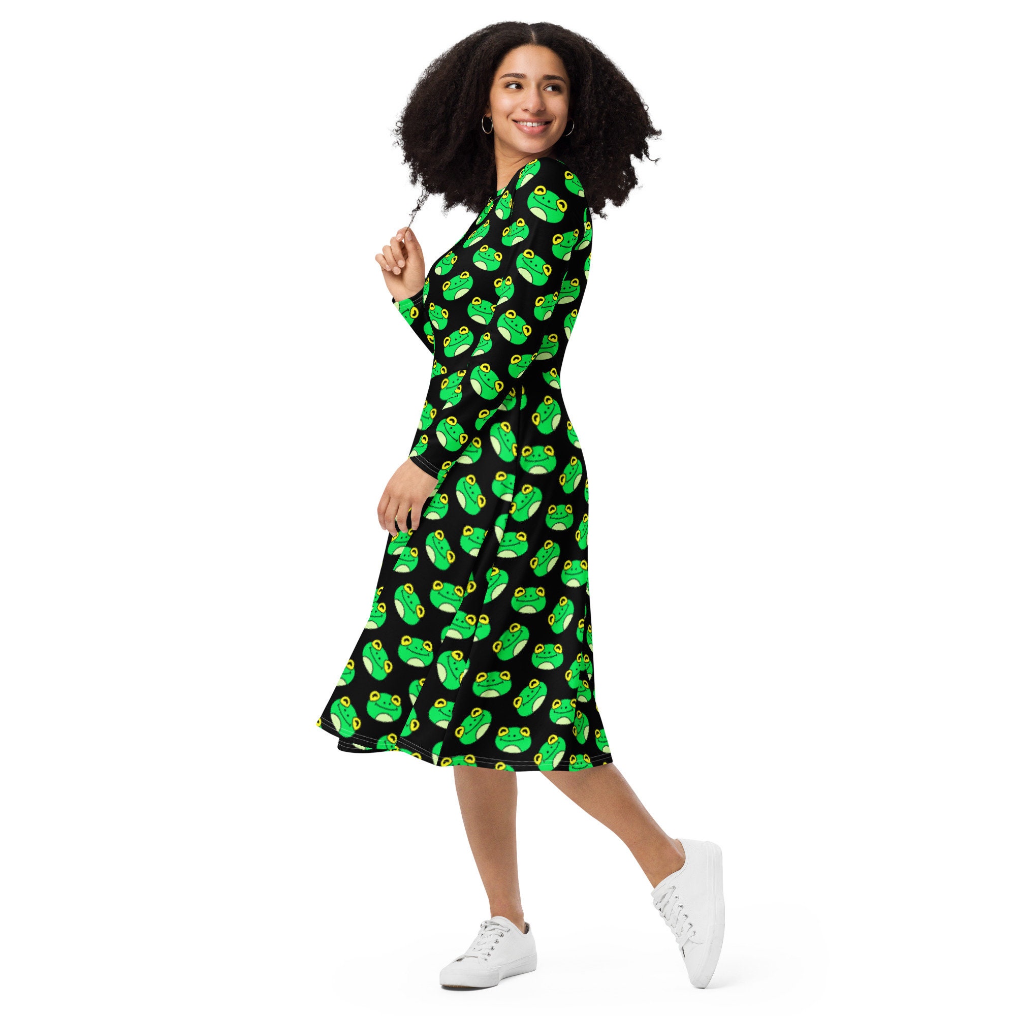 Frogs Printed Midi Dress, Frog Lover Gift for Her, Unique Fit Modest Dress, Fun Summer Beach Dress, Evening Party Dress, Hawaiian Dress