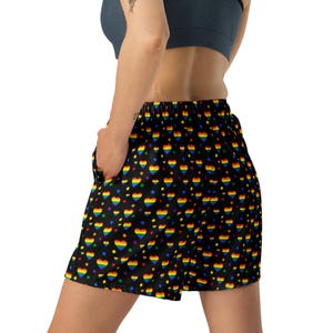 LGBTQ Striped Hearts Athletic Shorts, Gay Lesbian Pride Gym Workout Shorts, Gay Lesbian Gifts, Summer Beach Shorts, Elastic Waist, Plus Size