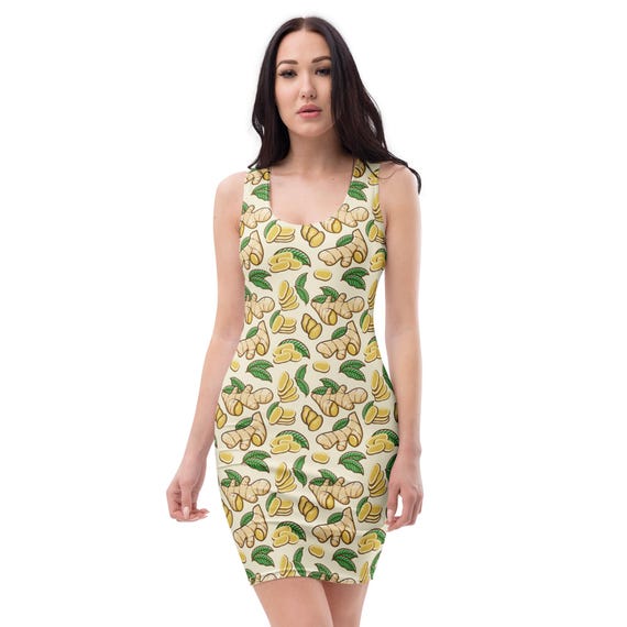 Ginger Roots Printed Bodycon Dress, Ginger Lover Gift, Western Fashion Foodie Dress, Funny Prom Evening Party Dress