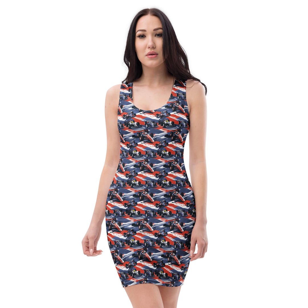 Car Racer Printed Bodycon Dress, All Over Print Racer Statement Dress ...