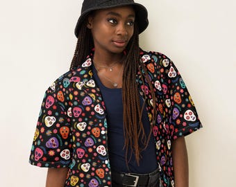 Sugar Skulls Unisex Button Down Shirt, All Over Print Casual Aesthetic Shirt, Hippie Collared Shirt, Day of the Dead Gifts for Him or Her
