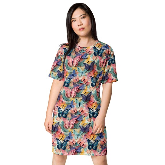 butterfly t shirt dress Butterfly Insect Printed T-shirt Dress for Women, Butterfly Lover Gift, Aesthetic Shirt Dress, Cute Lounge wear Shirt, Casual Beach Dress