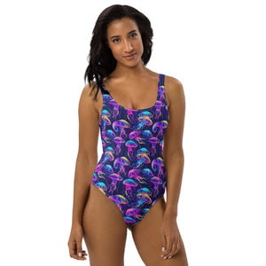 Jellyfish Printed Women&#39;s One Piece Swimsuit, Under the Sea Marine Life Resort Wear Bathing Suit, Swimwear Bodysuit, Jellyfish Lover Gift