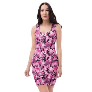 Camouflage Printed Bodycon Dress, All Over Print Camo Summer Fitted Dress, Beach Party Midi Dress, Rave Wear Dress, Veteran Military Gifts