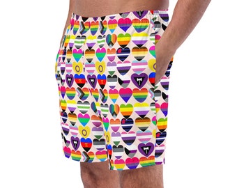Gay Pride Flag Hearts Men's Swim Trunks, Rainbow Mens Swimwear, Swim Briefs, Bathing Suit, Men’s Short, Activewear, Surfing Shorts, Gay Gift