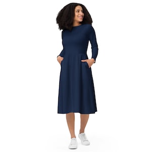 Solid Navy Blue Midi Dress Women, Full Sleeves Evening Party, Round Neck Party Dress, Plain Summer Beach Dress, Casual Dress with Pockets