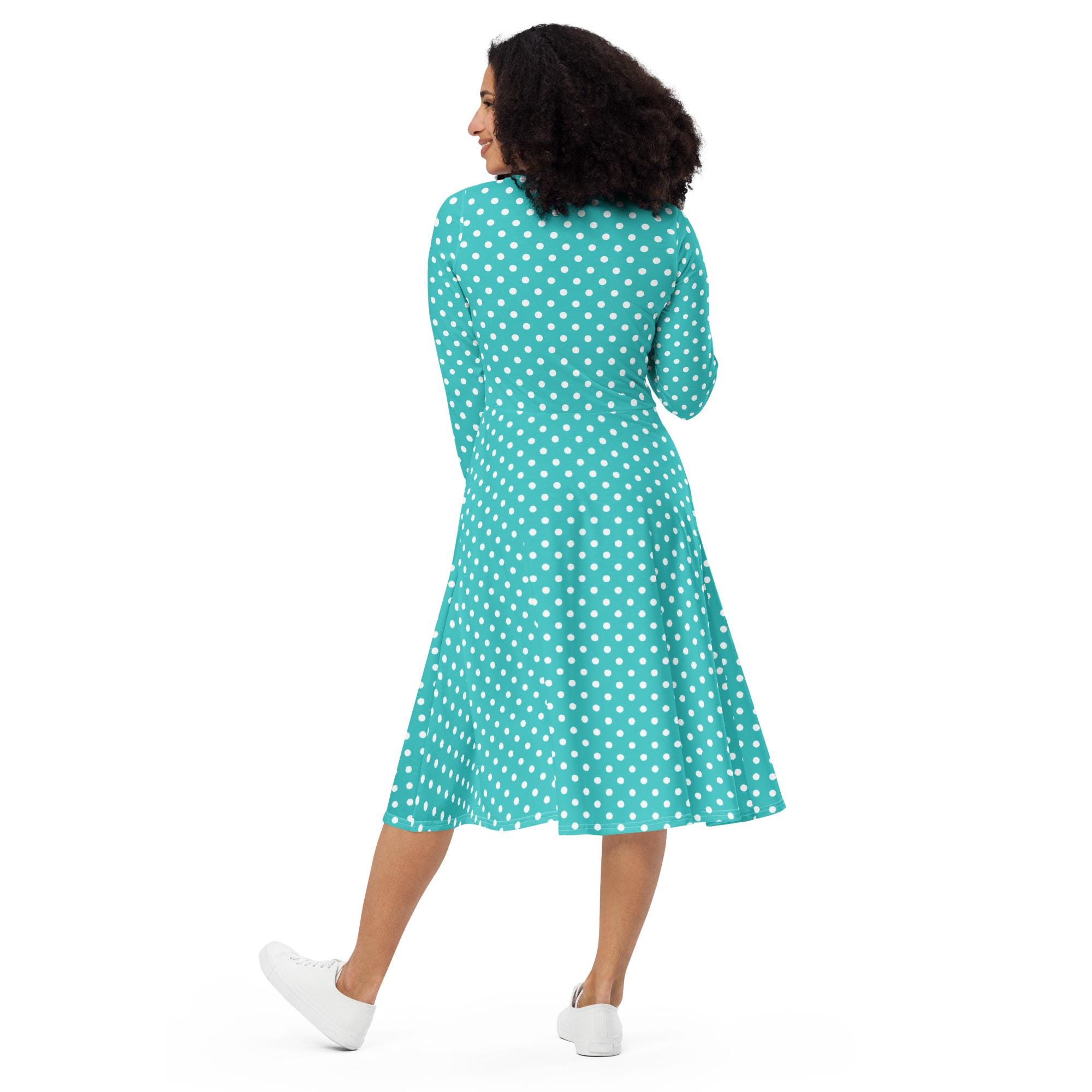 Teal Polka Dots Printed Midi Dress, Casual Evening Party Dress