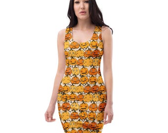 May include: A sleeveless dress featuring a repeating pattern of cartoon pumpkins in shades of orange and yellow. The pumpkins have various facial expressions and are set against a cream-colored background. The dress is form-fitting.
