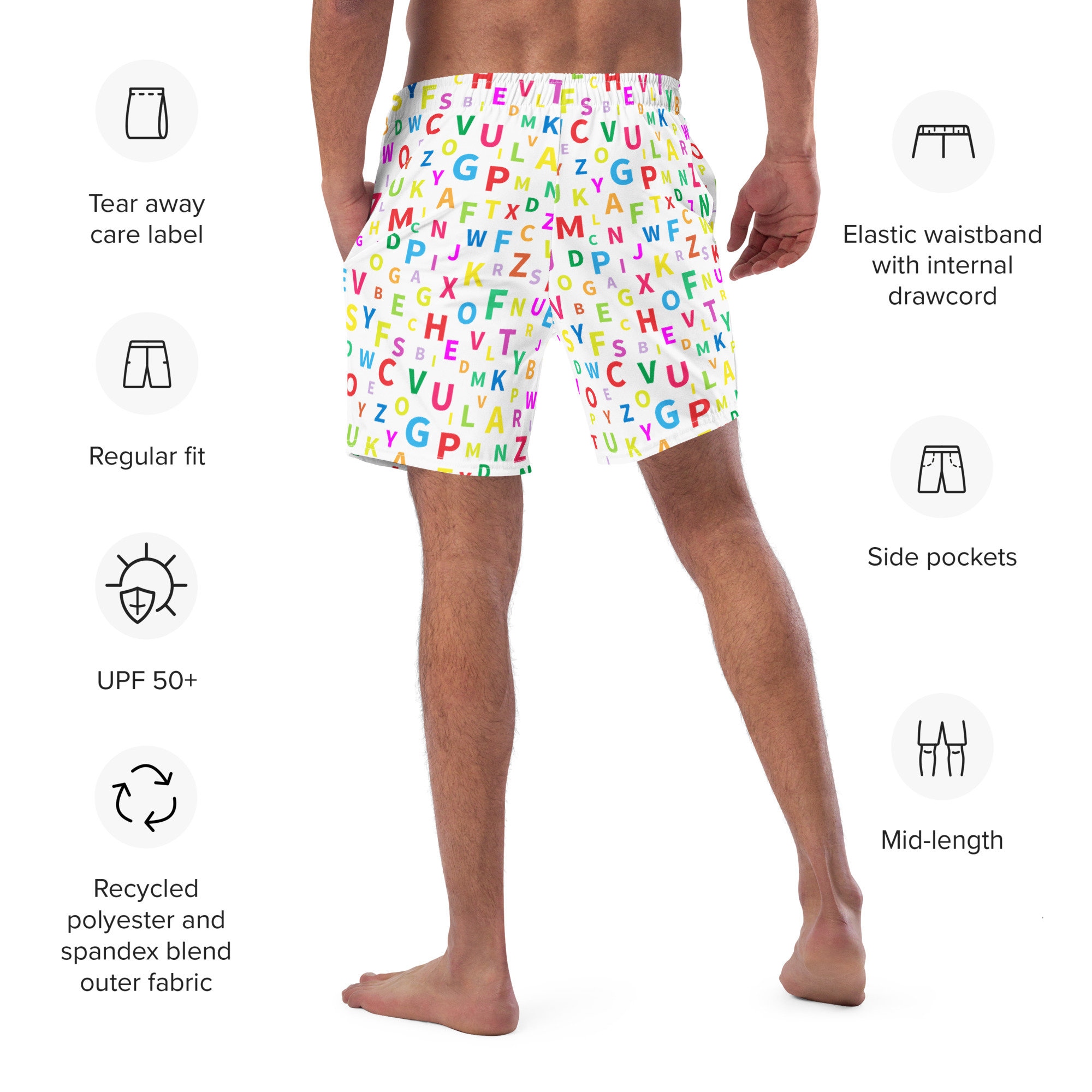 Alphabet Abc's Letters Printed Men Swim Trunks, All Over Print