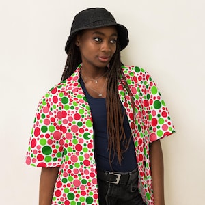 Watermelon Fruit Polka Dotted Button Down Shirt, Aloha Beaches Shirt, Aesthetic Tropical Hawaiian Shirt, Loungewear, AOP, Loose Fit, Unisex
