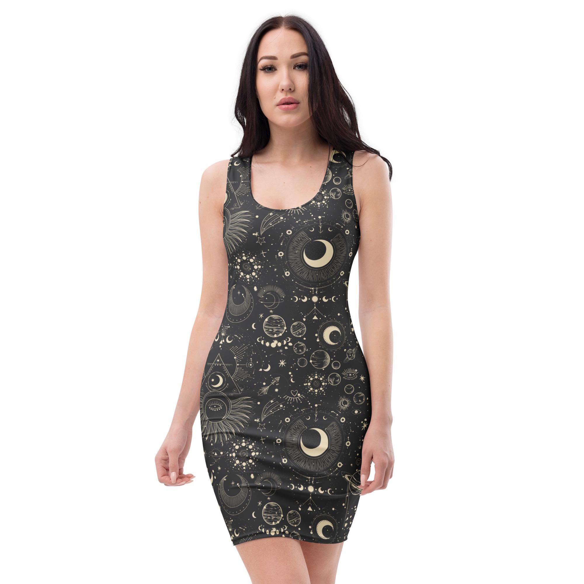 Ladies Dresses Planet Gold Skater Dress Gold Falling Stars Skater Dress,  Bodycon Fitted Dress, T-shirt