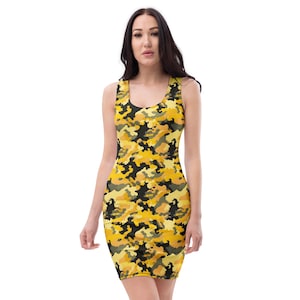 Camouflage Printed Bodycon Dress, All Over Print Camo Summer Fitted Dress, Beach Party Midi Dress, Rave Wear Dress, Veteran Military Gifts