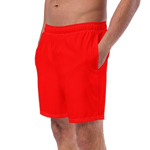 Solid Bright Red Mens Swim Trunks, Summer Beach Trunks, Swimming Trunks, Bathing Suit, Swim Wear, Rave Festival Shorts, Unique Gifts for Him