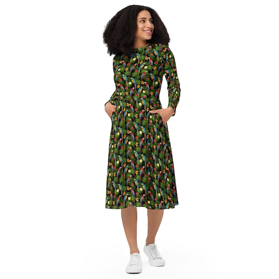 Parrots Bird Print Midi Dress, Round Neck Prom Party Dress, Long Sleeve Casual Dress with Pockets, Parrot Lover Gift, Loungewear Dress