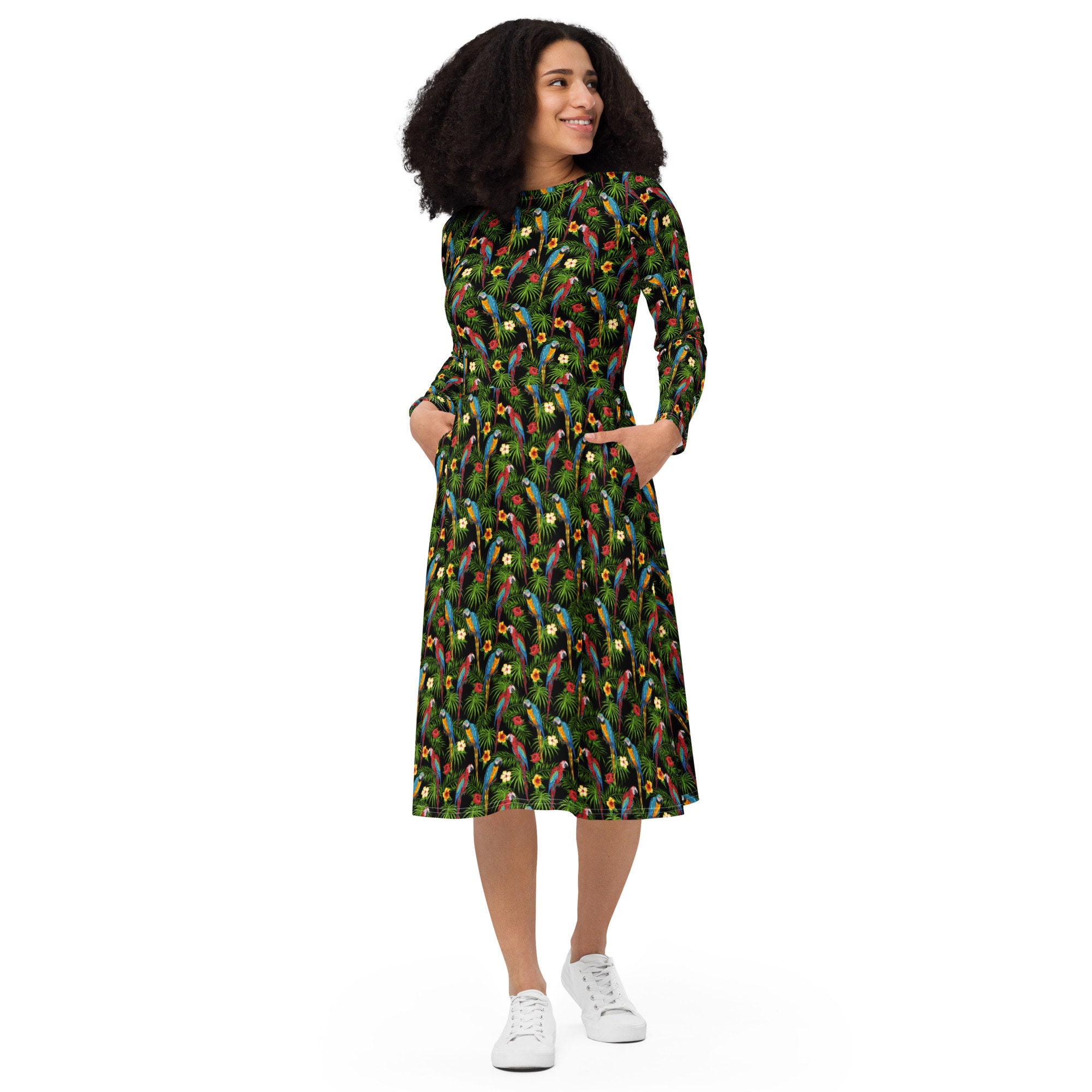 Parrots Bird Print Midi Dress, Round Neck Prom Party Dress, Long Sleeve Casual Dress with Pockets, Parrot Lover Gift, Loungewear Dress