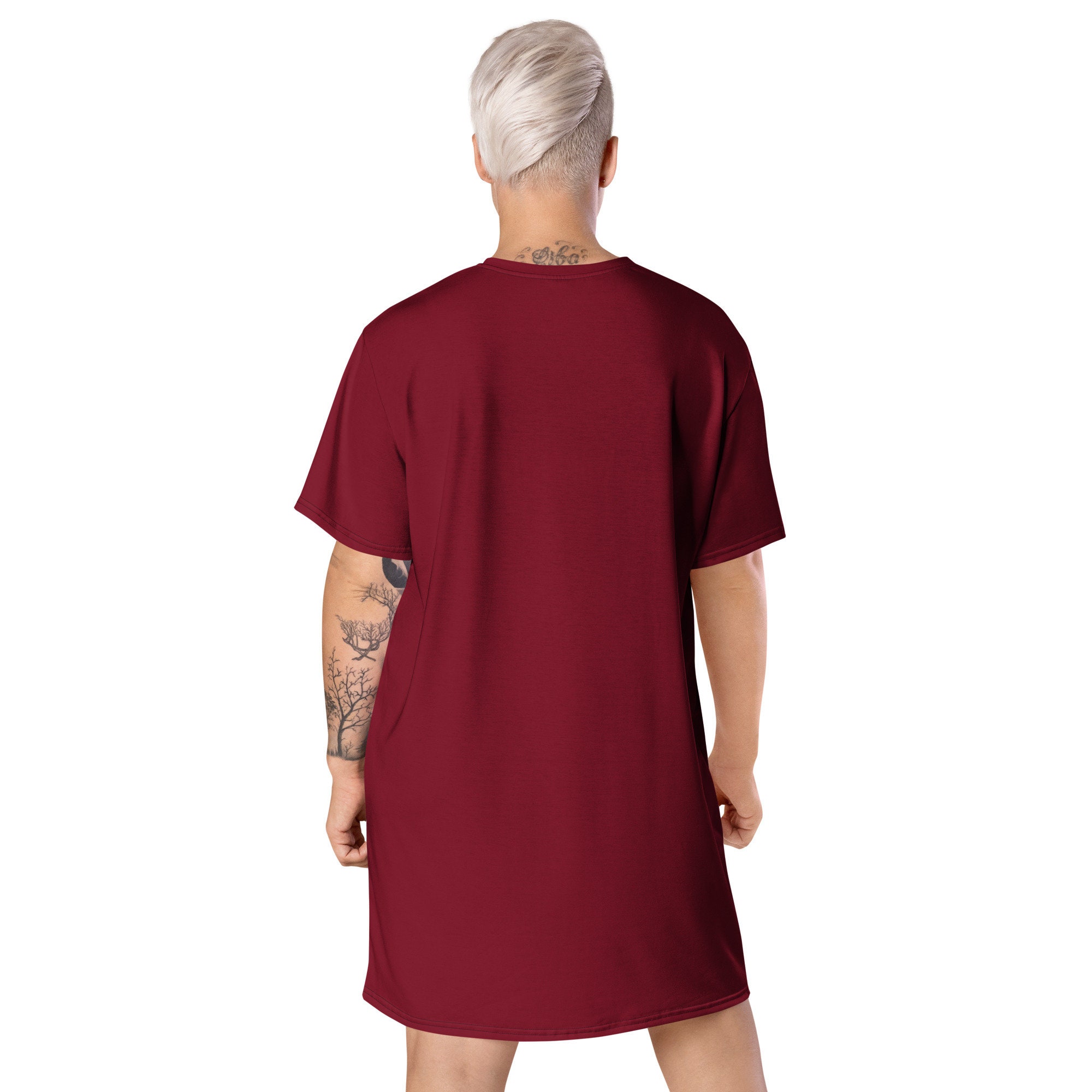 Solid Dark Burgundy Red T-shirt Dress for Women, Cute Aesthetic Fashion Shirt Dress, All over Print, Loungewear, Aloha Hawaiian Beach Dress Solid Dark Burgundy Red T-shirt Dress for Women, Cute Aesthetic Fashion Shirt Dress, All over Print, Loungewear, Aloha Hawaiian Beach Dress