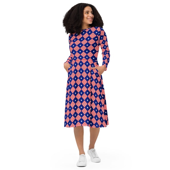 USA Flag Midi Dress Women, 4th of July Patriotic Evening Party Dress, All over Print, Casual Long Sleeve Holiday Dress with Pockets USA Flag Midi Dress Women, 4th of July Patriotic Evening Party Dress, All over Print, Casual Long Sleeve Holiday Dress with Pockets