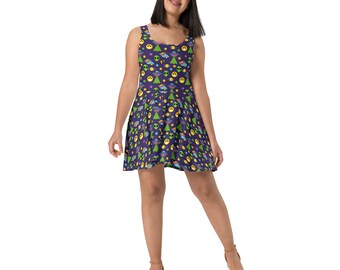 Aliens Sci-fi Skater Dress, Outer space UFO Dress, All over Print, Summer Streetwear Fashion Dress, Beach Dress Women, Aliens Lover Gifts
