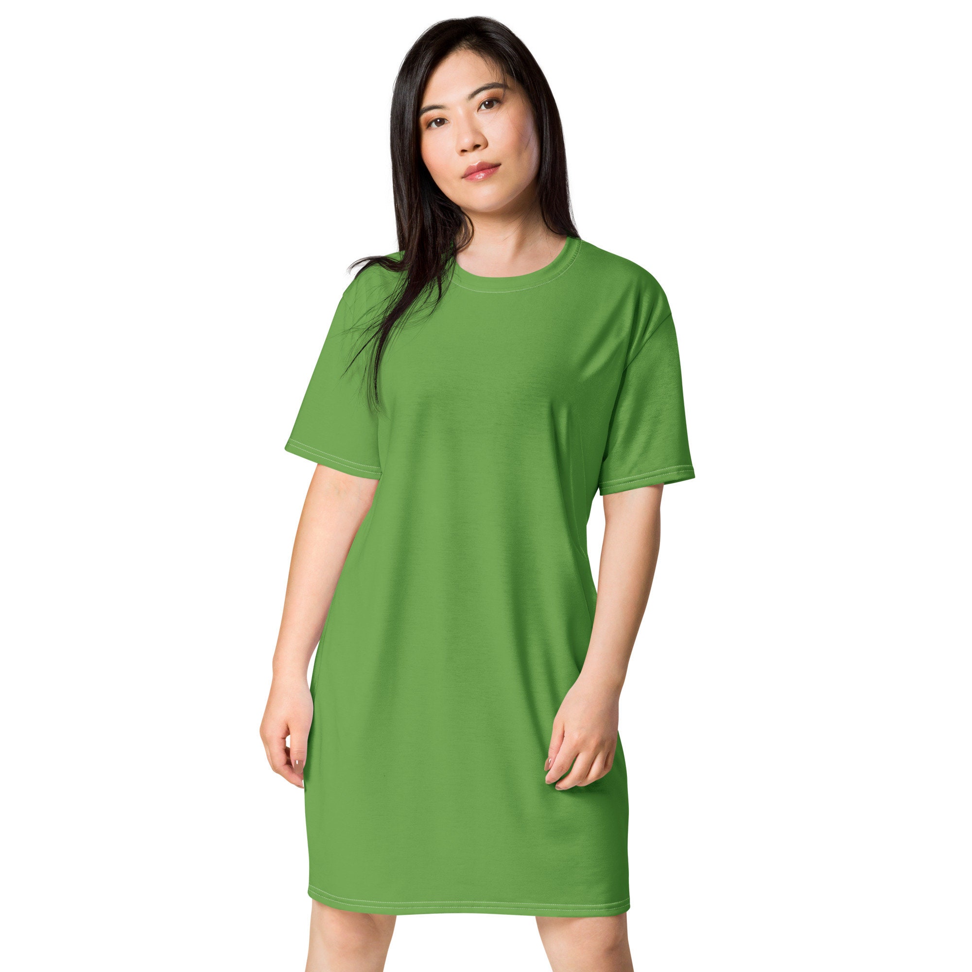 Solid Green Printed T-shirt Dress for Women, Cute Aesthetic Fashion Shirt Dress, All over Print, Loungewear, Aloha Hawaiian Beach Dress