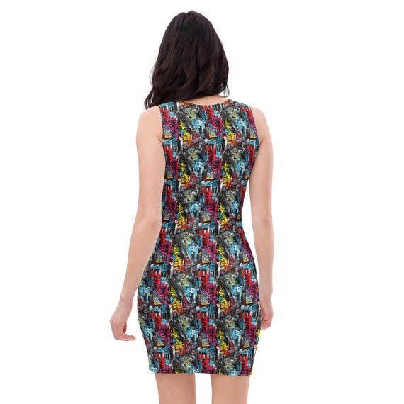 Street Graffiti Printed Bodycon Dress, Western Fashion Fitted Dress, Rave Party Dress, Y2K Club Dress, Casual Beach Dress