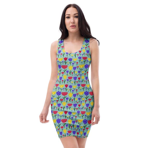 Tulip Flower Printed Bodycon Dress, Botanical Casual Evening Party Dress, All Over Print Aesthetic Floral Dress, Gifts for Her