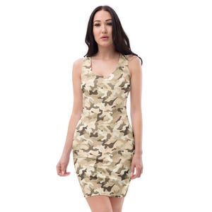 Camouflage Printed Bodycon Dress, All Over Print Camo Summer Fitted Dress, Beach Party Midi Dress, Rave Wear Dress, Veteran Military Gifts