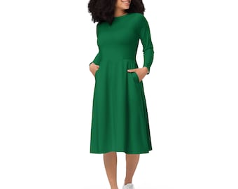 Solid Dark Green Midi Dress Women, Full Sleeves Evening Party, Round Neck Party Dress, Plain Summer Beach Dress, Casual Dress with Pockets