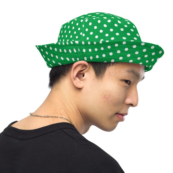 Green Polka Dots Printed Reversible Bucket Hat, Aesthetic  display picture 1