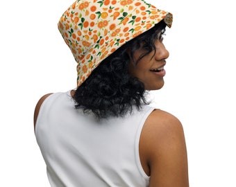 Citrus Oranges Fruit Printed Reversible Bucket Hat, Aesthetic Summer Beach Sun Hat, Casual Fashion Outdoor Hat, Foodie Travel Vacation Hat