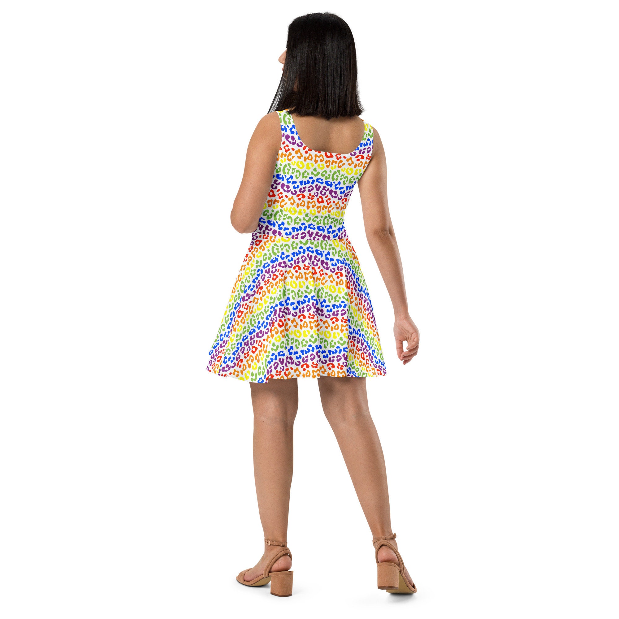 Rainbow Cheetah Leopard Printed Skater Dress, Designer