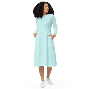 Solid Blue Midi Dress Women, Full Sleeves Evening Party, Round Neck Party Dress, Plain Summer Beach Dress, Casual Dress with Pockets