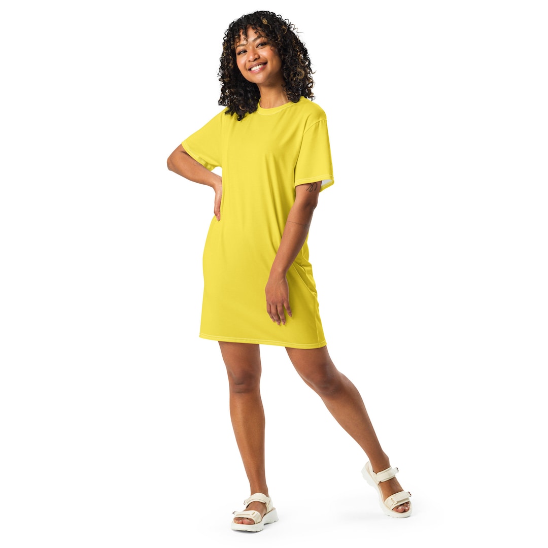 Solid Bright Yellow T-shirt Dress for Women, Cute Aesthetic