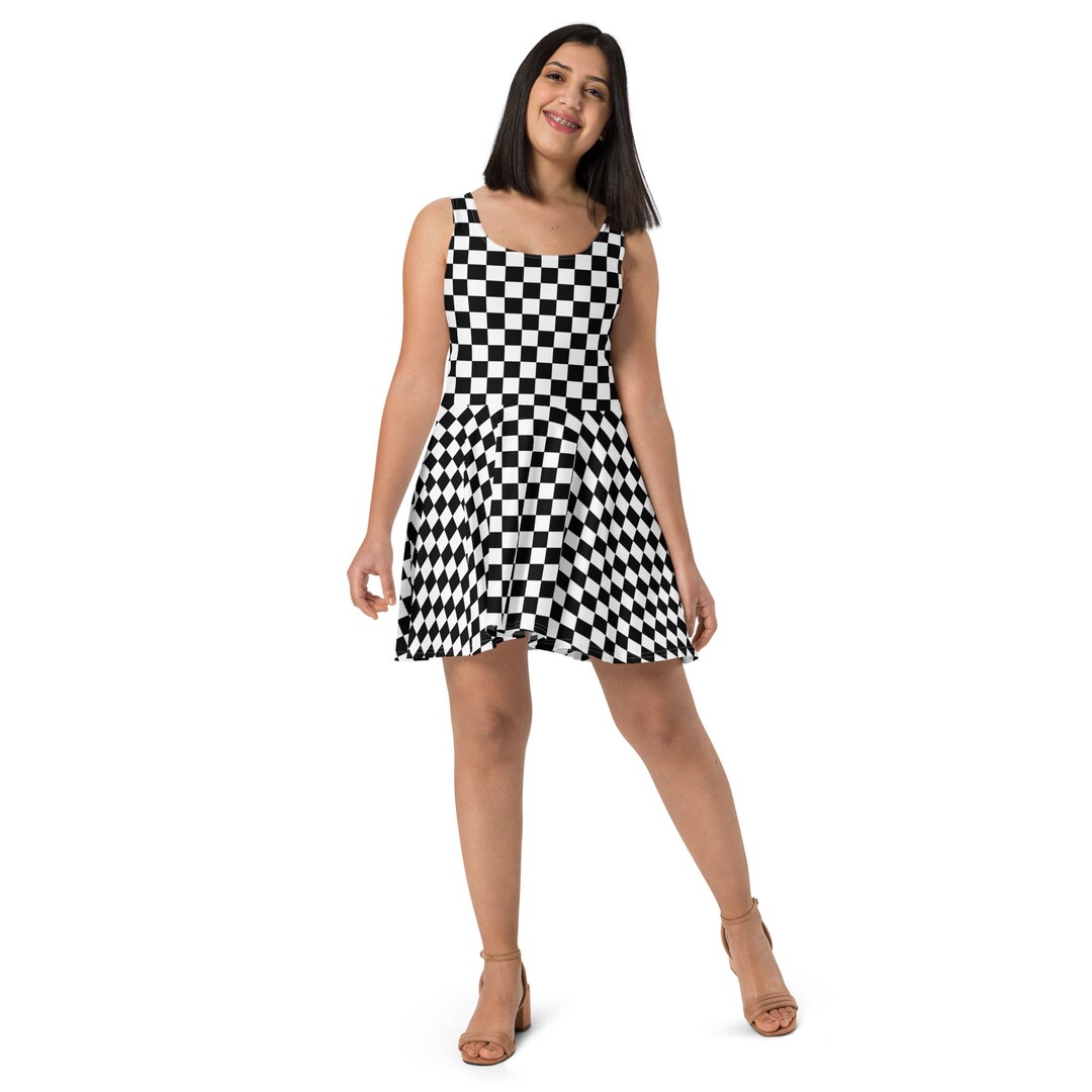 checkered skater dress Black And White Checker Skater Dress, Racing Fan Streetwear Dress, Trendy Aesthetic Sleeveless Dress, High Fashion, Racing Enthusiast Gifts