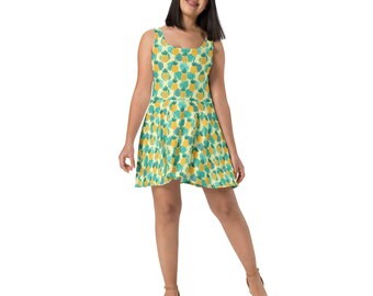 Pineapples Fruit Printed SkaterDress, Aesthetic Summer Beach Dress, Casual Sleeveless Dress, All over Print Loungewear Dress, Foodie Gift