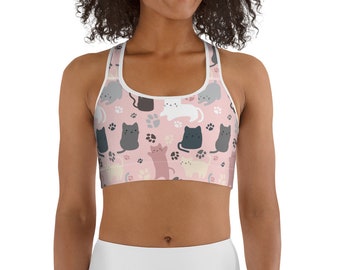 Pink Cat Face Print Sports Bra