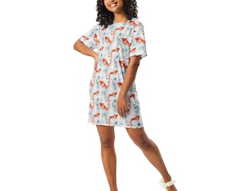Koi Fish Printed T-shirt Dress, Streetwear Aesthetic Tee shirt Dress, All over print, Comfy Loungewear Dress, Loose Fit, Urban Clothing