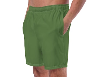 Solid Olive Green Print Swim Trunks, Men's Swimwear, Jewel Green Swim Briefs Men, Men's Shorts Activewear, Bathing Suit Surfing Shorts, Gift