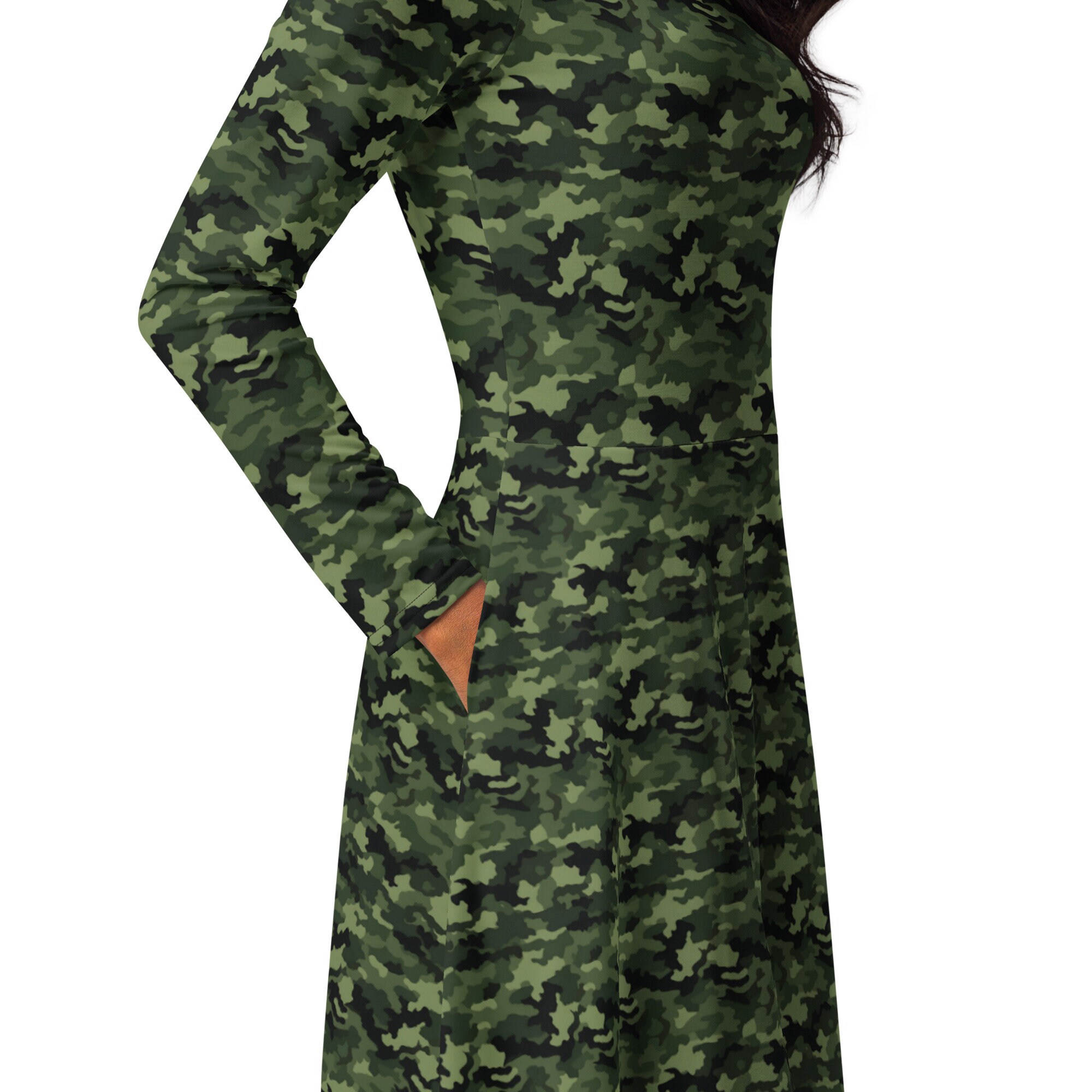 Camouflage Printed Midi Dress, Casual Evening Dress, Beach Dress, All over Print Camo Dress with Pockets, Long Sleeve, Holiday Dress Camouflage Printed Midi Dress, Casual Evening Dress, Beach Dress, All over Print Camo Dress with Pockets, Long Sleeve, Holiday Dress