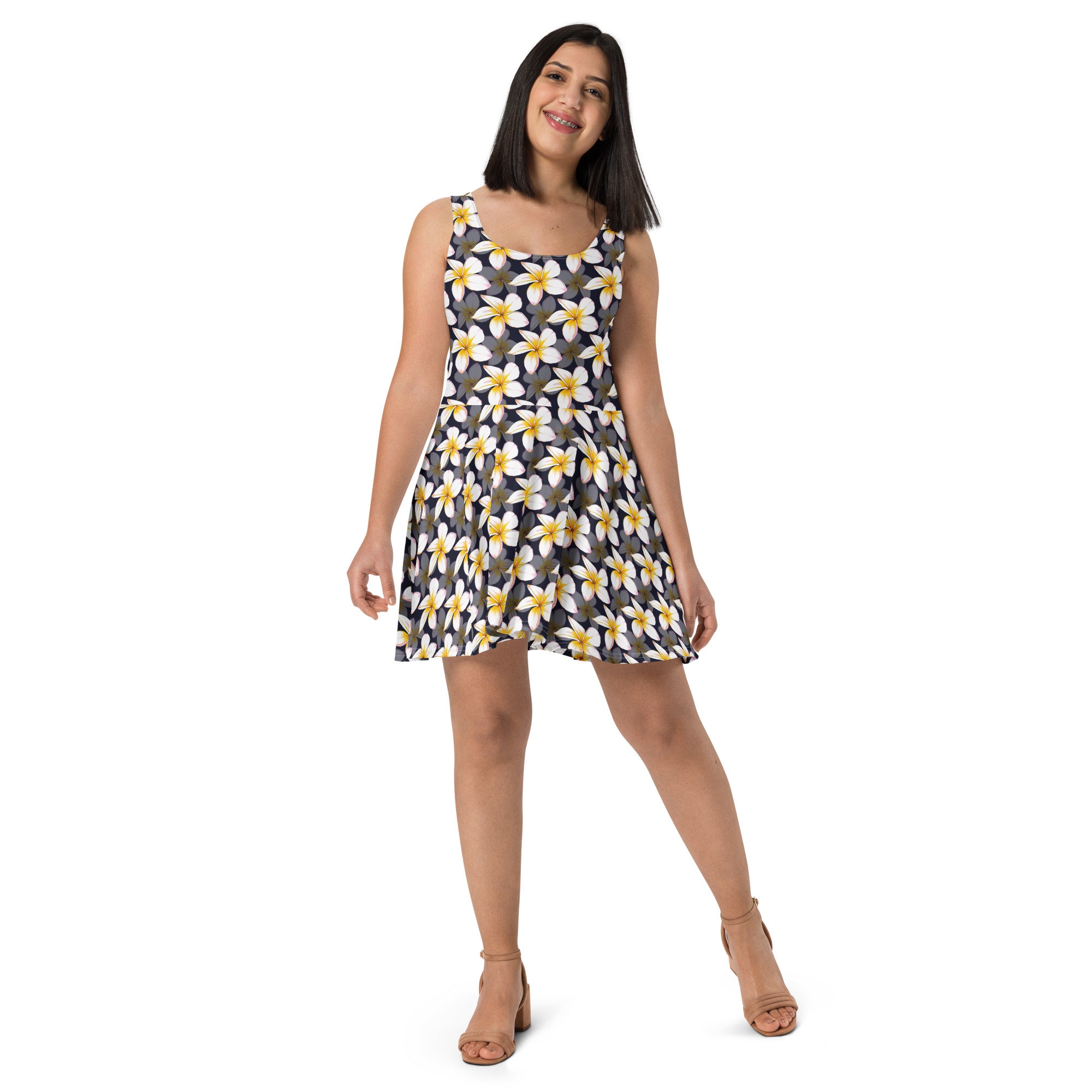 white flower skater dress White Orchid Flowers Printed Skater Dress, Floral Streetwear Aesthetic Dress, All over print Loungewear Dress, Comfy Fit and Flare Dress