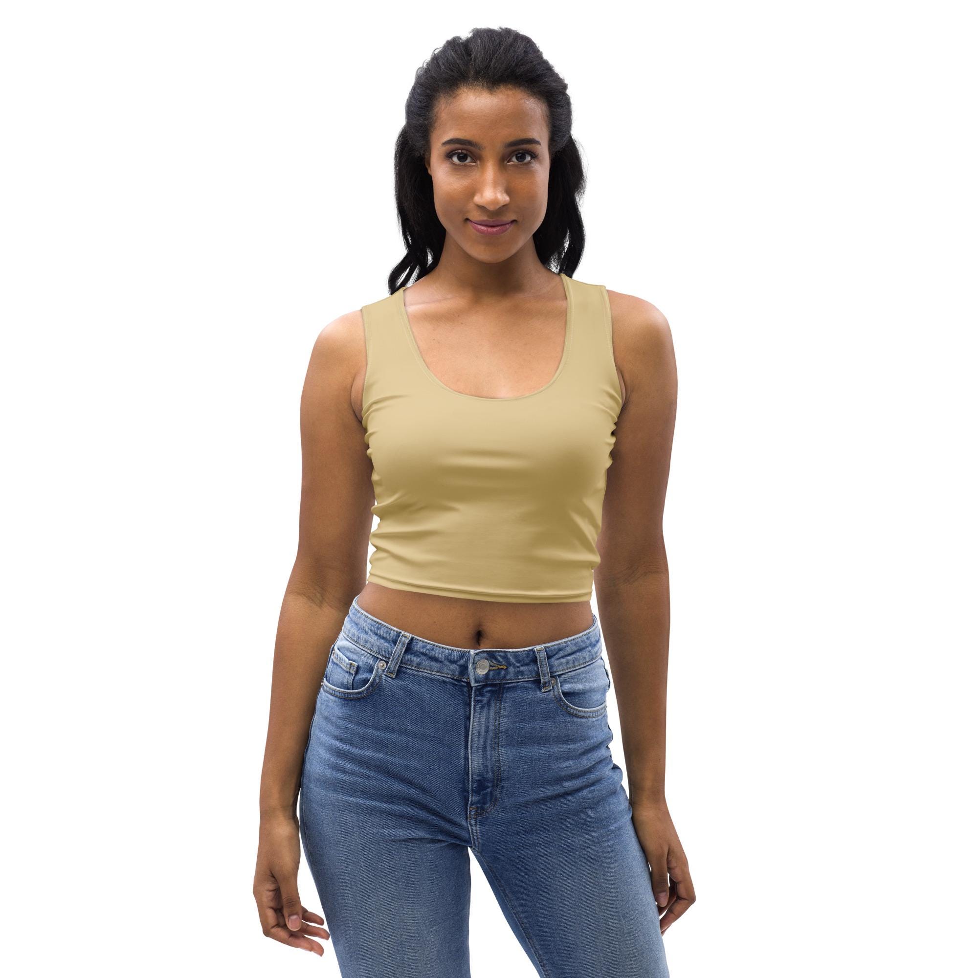 Solid Khaki Women Cropped Tank Top, Gym Workout Fitness Sleeveless 