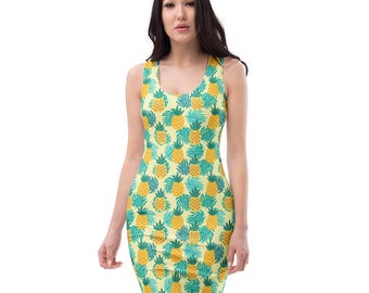 Pineapples Fruit Printed Bodycon Dress, All Over Print Tropical Beach Dress, Holiday Parties Dress, Tight Dress, Vegan Gifts