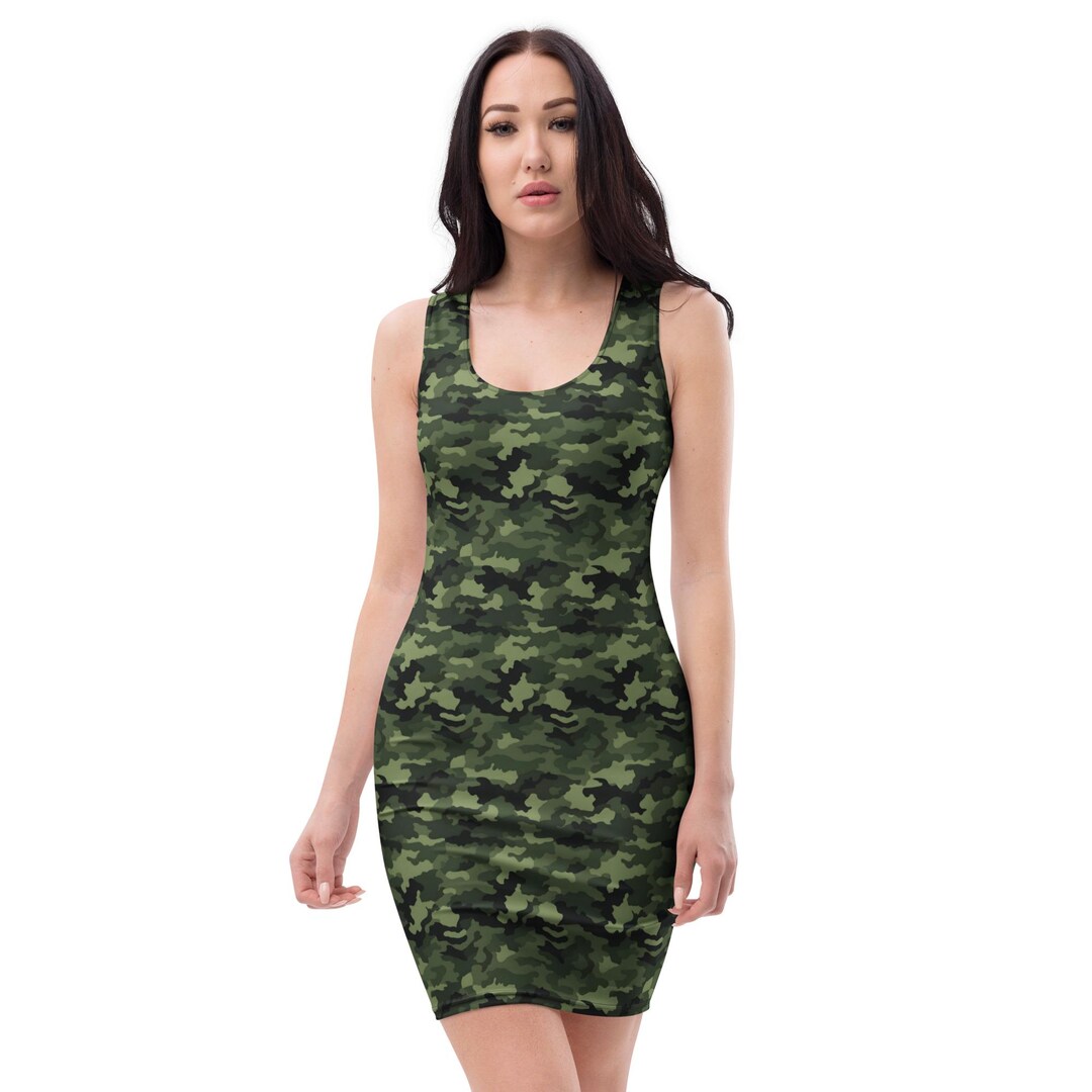 army fatigue bodycon dress Camouflage Printed Dress, All Over Print Camo Summer Fitted Dress, Beach Party Midi Dress, Rave Wear Dress, Veteran Military Gifts Sleeveless Twisted Front Cut RD-10.02.25 and stylish camouflage print Size:8.5 UK / 9.5 US