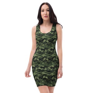 Camouflage Printed Bodycon Dress, All Over Print Camo Summer Fitted Dress, Beach Party Midi Dress, Rave Wear Dress, Veteran Military Gifts