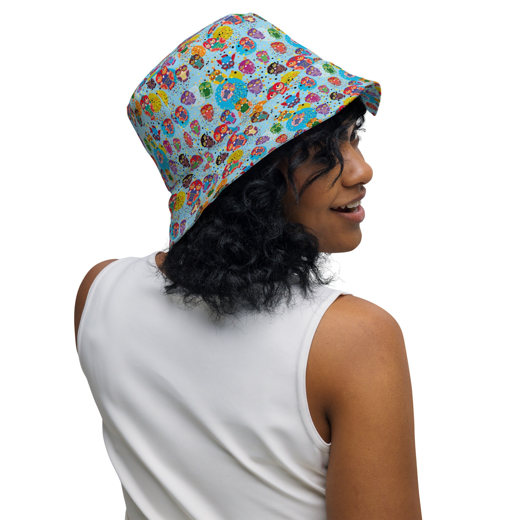 Owls Bird Printed Reversible Bucket Hat, Aesthetic Beach Hat, All over Print Summer Hat, Casual Sun 