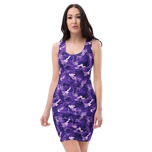 Camouflage Printed Bodycon Dress, All Over Print Camo Summer Fitted Dress, Beach Party Midi Dress, Rave Wear Dress, Veteran Military Gifts