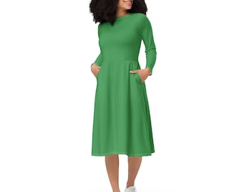 Solid Green Midi Dress Women, Full Sleeves Evening Party, Round Neck Party Dress, Plain Summer Beach Dress, Casual Dress with Pockets