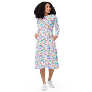Colorful Flowers Printed Midi Dress, Aesthetic Floral Summer Dress with Pockets, Pretty Botanical Dress, Evening Party Dress, Gifts for Her